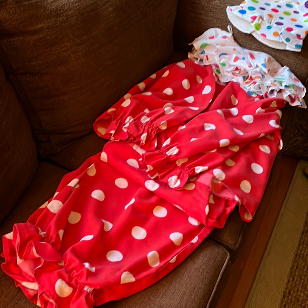 Full clown costume. Red w/ white polka dots, colored polka dot collar …